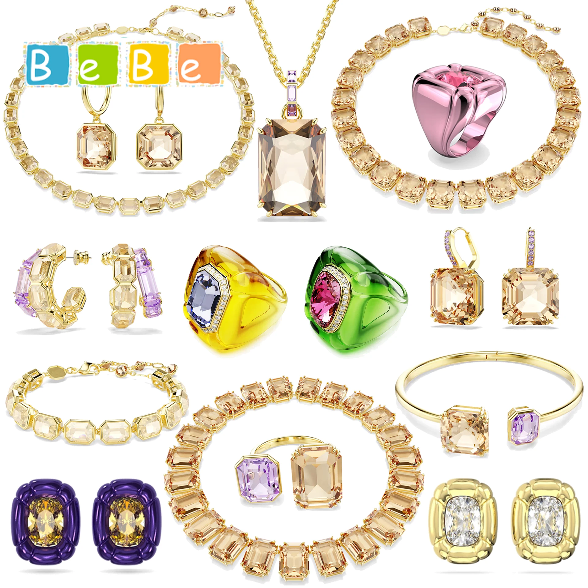 

2026 New Fashion Party Jewelry Sets Charm Pink Heart Shaped Ring Gold Purple Water Drop Crystal Earrings Luxury Women's Necklace