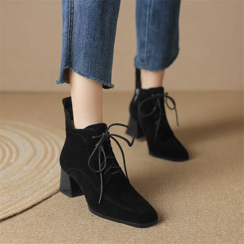 New Autumn Winter Sheep Suede Women Shoes Square Toe Retro Lace Up Short Boots for Women Chunky Heel High Heel Women Boots