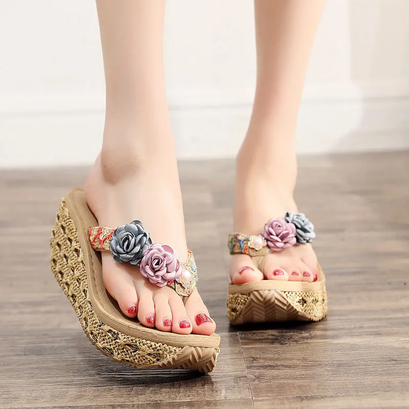 Summer Beach Sandals Women Flower Flip-flops Bohemian Beach Beaded Women Wedge Sandals Non-slip Outdoor Slippers 7cm Heels