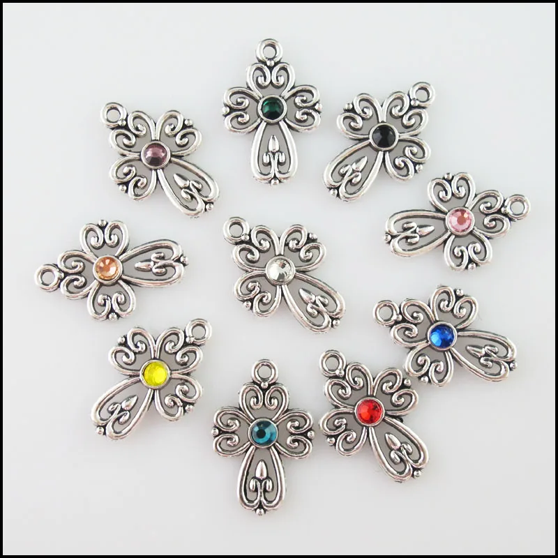 

20Pcs Mixed Crystal Antique Silver Color Flower Cross Charms Pendants 14.5x21.5mm