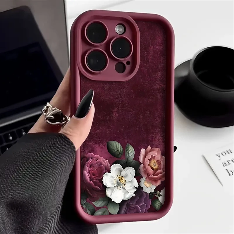 

Phone Case Wine-Red Flowers Pattern For Xiaomi Redmi Note 14 13 12 11 Pro Plus 5G Shockproof Soft Cover For Redmi 14C 13C Fundas