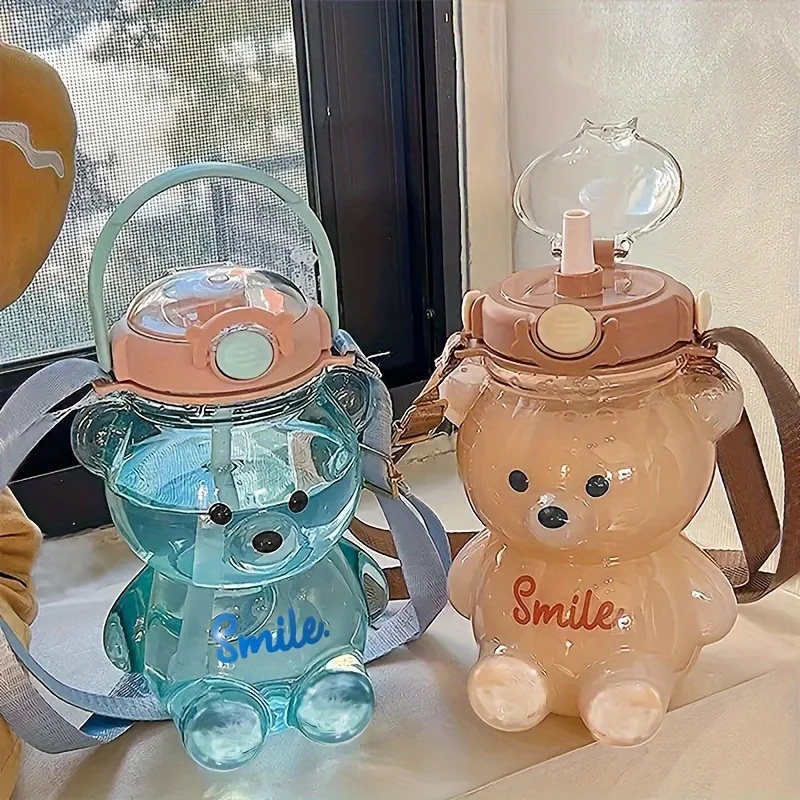 1000ml Large Capacity Cute Bear Water Bottle 2 in 1 Straw Cup for Girls Children  BPA Free Leakproof for School Sports Gift
