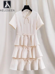 AELESEEN Elegant Summer Dress Women Runway Fashion Short Sleeve Solid Beige Pink Black Bow Cascading Ruffles Mini Holiday