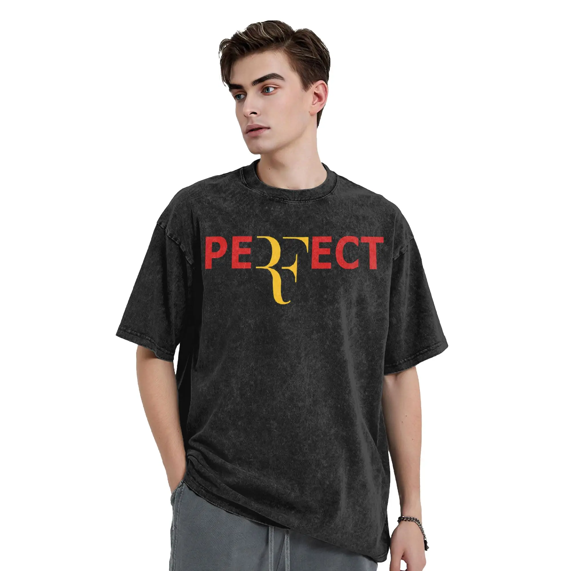 Team Roger Federer Logo Men T Shirts Washed  Crazy Tees Short Sleeve Crew Neck T-Shirts Cotton Birthday Present Clothes