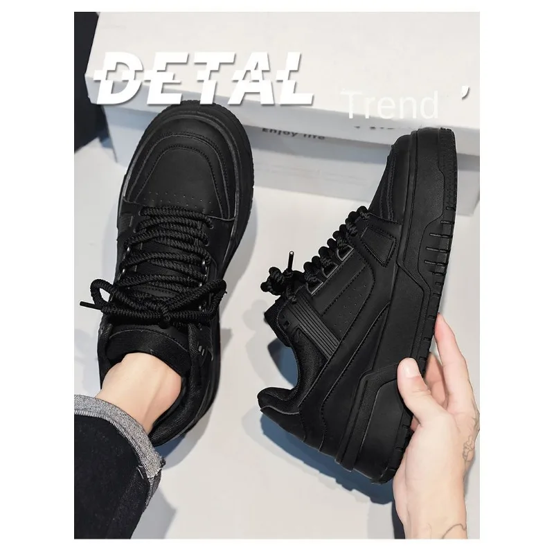 

Men's Spring Autumn Unique Design Versatile Casual Pure Black Sneakers Teen Sports Thick Bottom Heightening Trendy Loers
