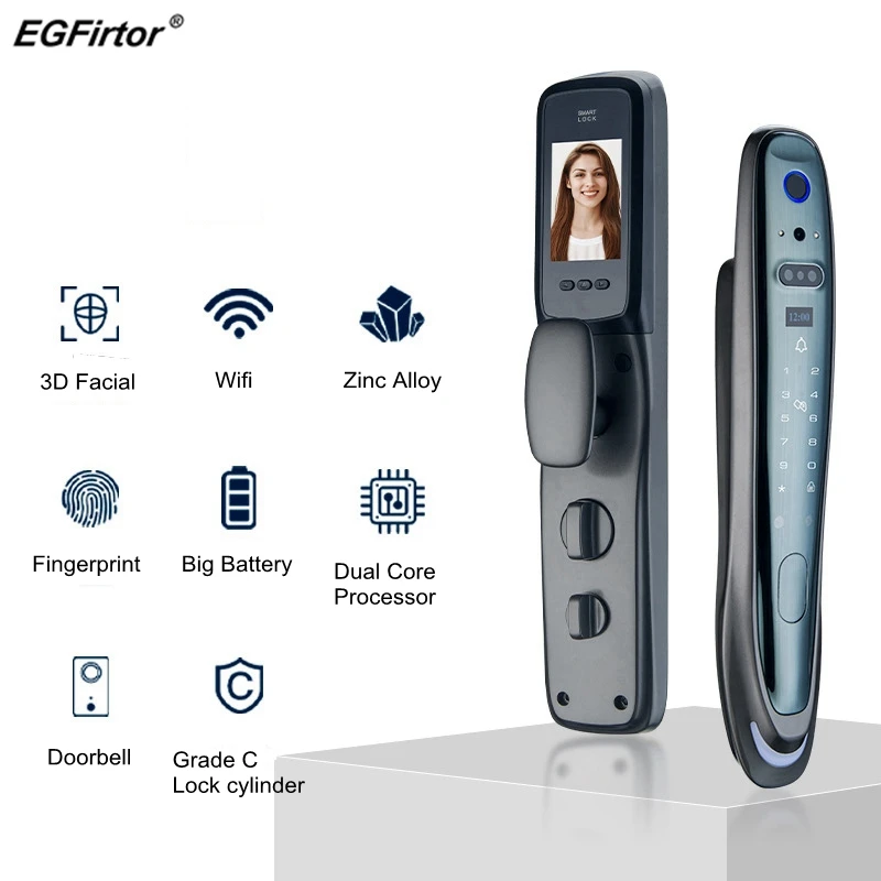 Face Recognition Smart Fingerprint Password IC Card Electronic Door Lock Autmation With Surveillance Camera Visible Doorbell