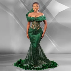 Aso Ebi Luxury Beaded Lace Prom Dresses African Wedding Reception Dress with Feathers 3D Off Shoulder Unique Birthday Dress 2025