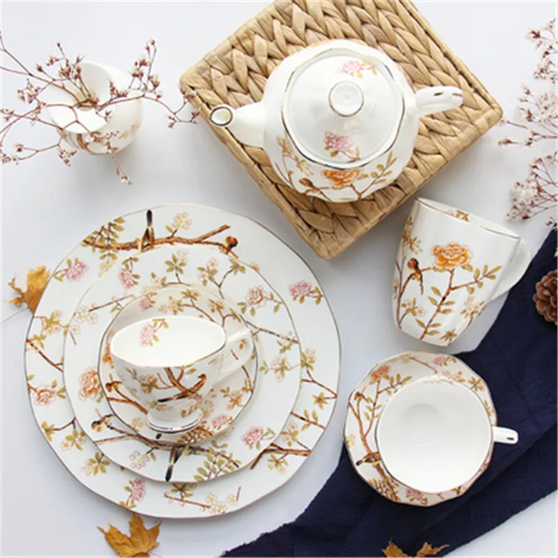 

Golden Side Salad Plate Bone China Tableware Tool Bird Pattern Coffee Cup 10inch Flat Dish Ceramic Tray Western Dinnerware Set