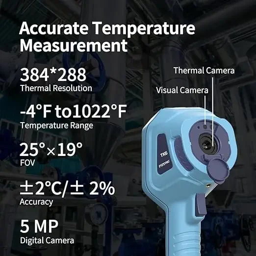 FOTRIC TK6 Thermal Camera 384x288 IR Resolution 30Hz Manual Focus 0.15m Close-up PCB Inspection 25°x19° FOV -20°C to 550°C 40mK High Precision Infrared Imager 5MP Visual Camera 3.5in Touchscreen for Electrical HVAC Building Diagnostics Industrial Use Tool