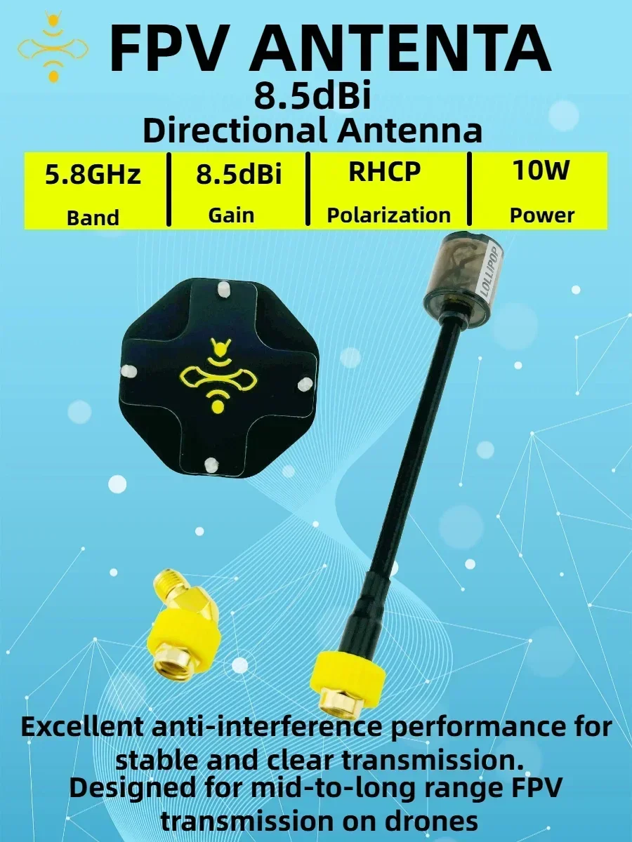 

RHCP 8.5dBi Lollipop Directional Patch Antenna for FPV Goggles, 5.8GHz High Gain RHCP Antenna for FPV Analog Drone Racing System
