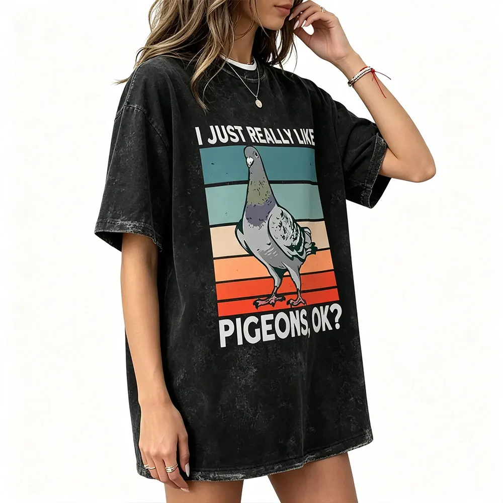 I Just Really Like Pigeons Ok Vintage Washed T-shirt Men Casual Oversized T-shirts Male Funny Birdwatcher Birdwatching T Shirts