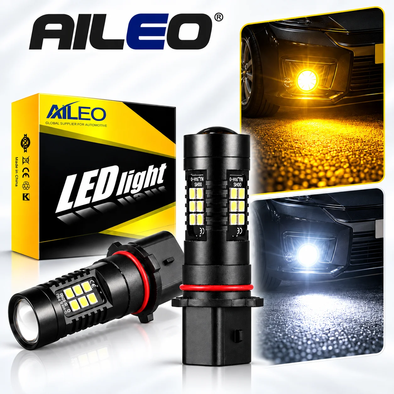 AILEO 2PCS P13W LED PSX26W LED SP13W 21SMD 360 Degree 6000K White 3000K Yellow 12V 30W Fog Light Bulbs