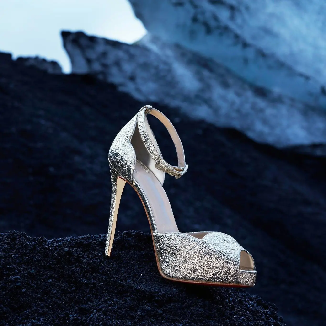 

Peep Toe Shiny Silver Leather Platform Sandals Cover Heels Ankle Straps Buckle Stiletto High Heels Shoes Designer Party New in