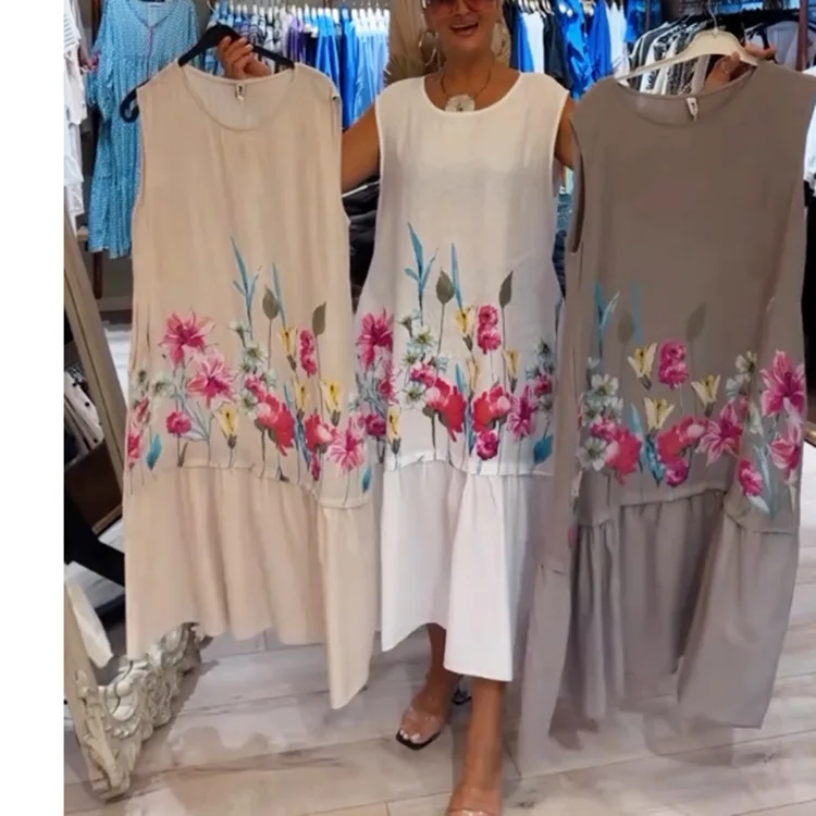 Moda O-neck bez rękawów kwiatowy Print długa sukienka damska 2025 lato Looce patchworkowy w stylu Casual wygodne sukienki dla kobiet szata