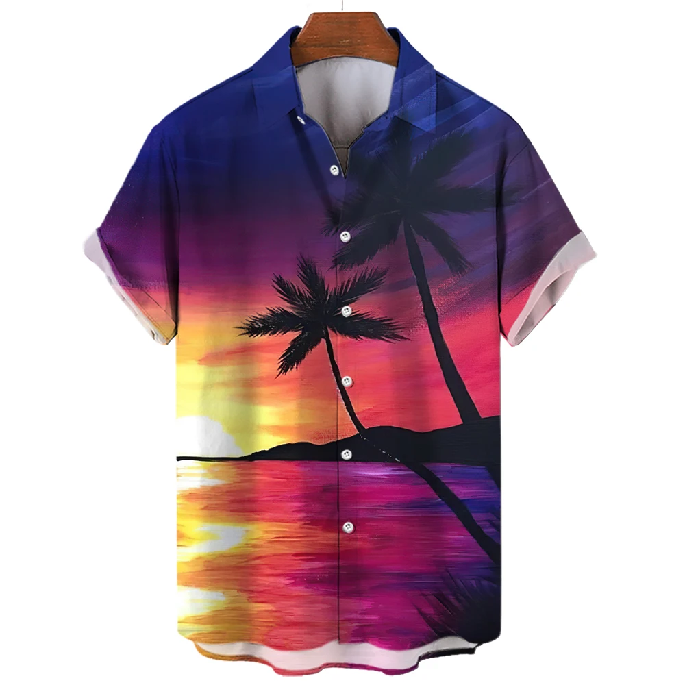 2023 Hawaiian Men's Shirts Beach Coconut Tree Print Shirt For Fashion Male Clothes Men Lapel Neck Button Short Sleeve Tops