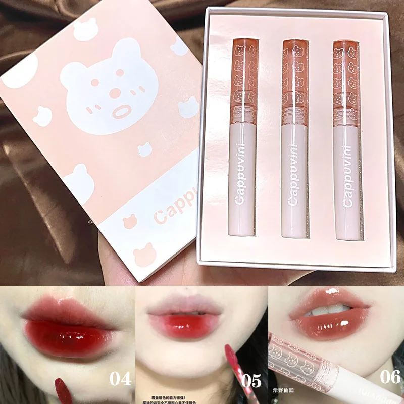 3Pcs Lipgloss ชุ่มชื่น Lip Gloss ลิปกลอสกระจกโปร่งแสงลิปสติกลิปสติก Nude Brown Clear Tint แต่งหน้า