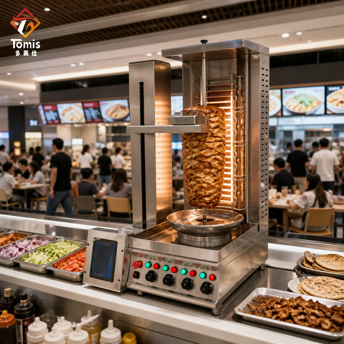 Kebab Shawarma Machine - 電気式シャワルマグリル機 220V、業務用、垂直型ドネルケバブロースター、ステンレス製、10.8KW、レストランやホテル向け。