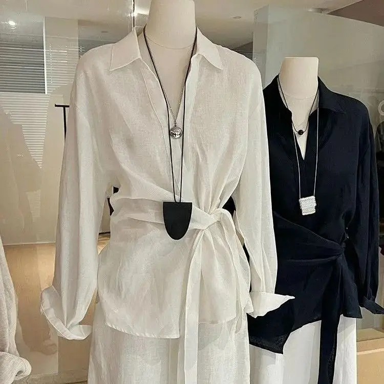 Dames linnen Irt losse lange Sve knoop taille ontwerp klassiek woon-werkverkeer Sle casual losse top comfortabel ademend