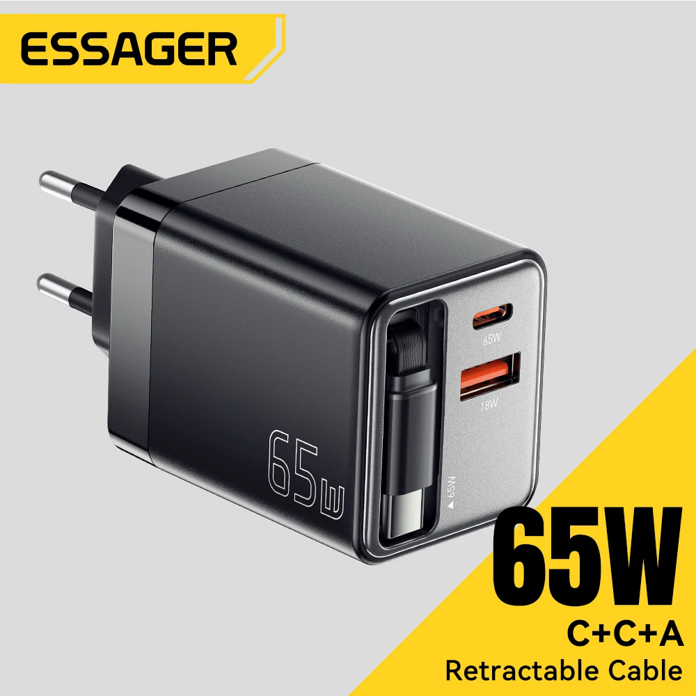 Ładowarka Essager 65W GaN z wysuwanym kablem, szybkie ładowanie PD do laptopów Macbook iPhone 17 16 15 Xiaomi, ładowarka do telefonów z portem Type-C