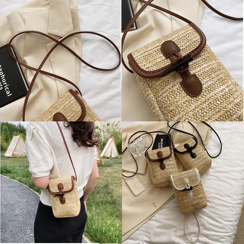 Woven Straw Women Crossbody Bag Summer Bohemia Beach Rattan Female Retro Shoulder Messenger Bag Solid Mobile Phone Coin Purse