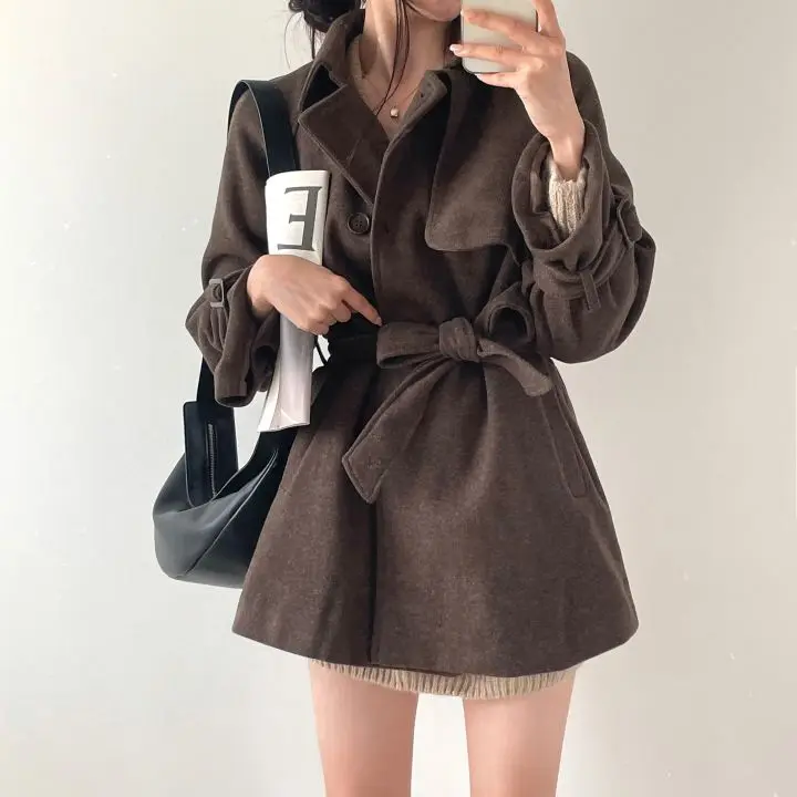 Chic Briti Sle abrigo de lana holgado cortavientos versátil informal cuello vuelto con cinturón prendas de vestir exteriores Retro para mujer