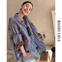 Sunscreen Striped Shirt Women top 2024 Spring and Autumn New Loose and Versatile Niche Design Feeling French Style Shirt Jacket