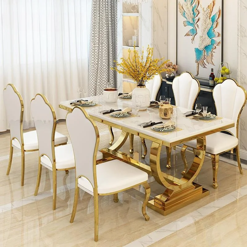 Light Luxury Kitchen Table With Marble Rectangle Stable Gold Plated Stainless Steel Frame Dining Table And Chairs Combination