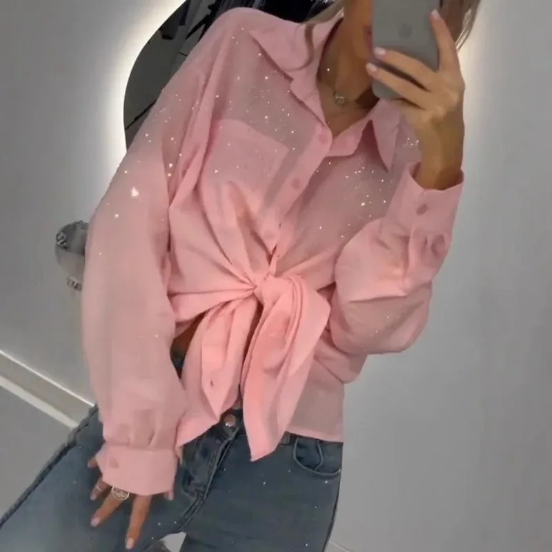

Spring Summer New Casual Shirt For Women Fashion Lapel Single Breasted Long Sleeve Sequin Shirt Lady Commuting Loose Tops