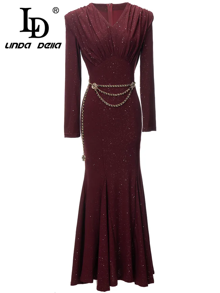 

LD LINDA DELLA Party Evening Elegant luxury Celebrity Dress Women's Draped V-Neck Chain Splice Sequin High waist Long Dress