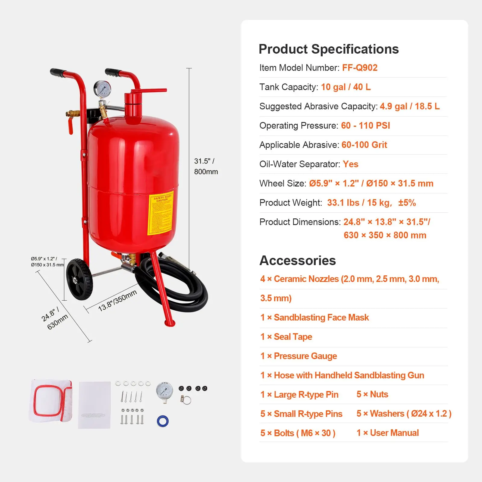 10Gal/40L Sandblaster Equipped with Nozzle Shut-Off Valve Pressure Gauge Ceramic Nozzle 2.5m Hose Filling Funnel Watertrap 6\