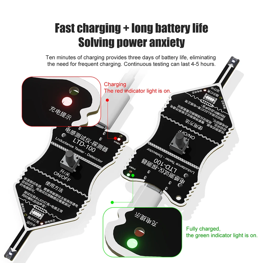 LTD-100 Inductance Tester Type C Charging Portable Coil Detector For Circuit Board Repair With Buzzer Alarm LED Indicator Light