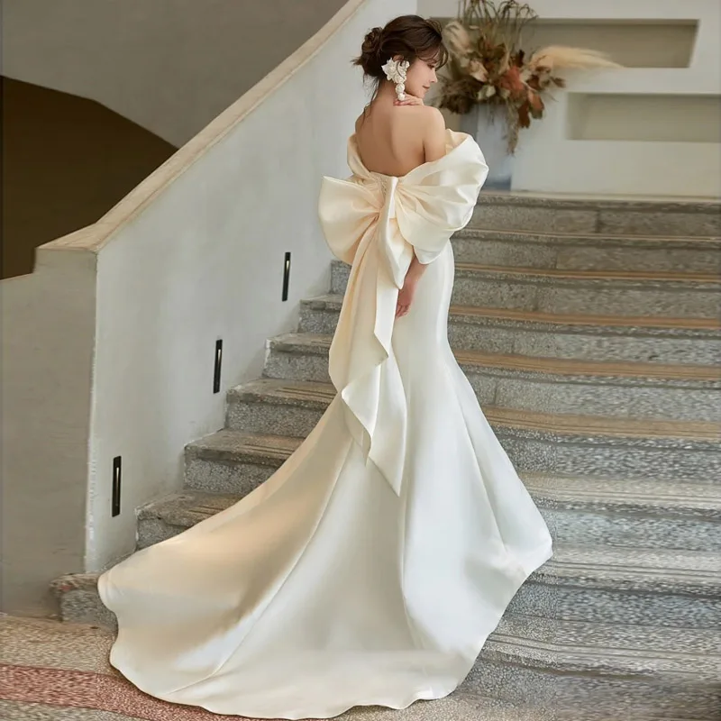 2022 Elegant Off-Shoulder Backless Bowtie Bride Dresses Vintage Sleeveless Wedding Gowns Satin Korea Photography Bridal Gown