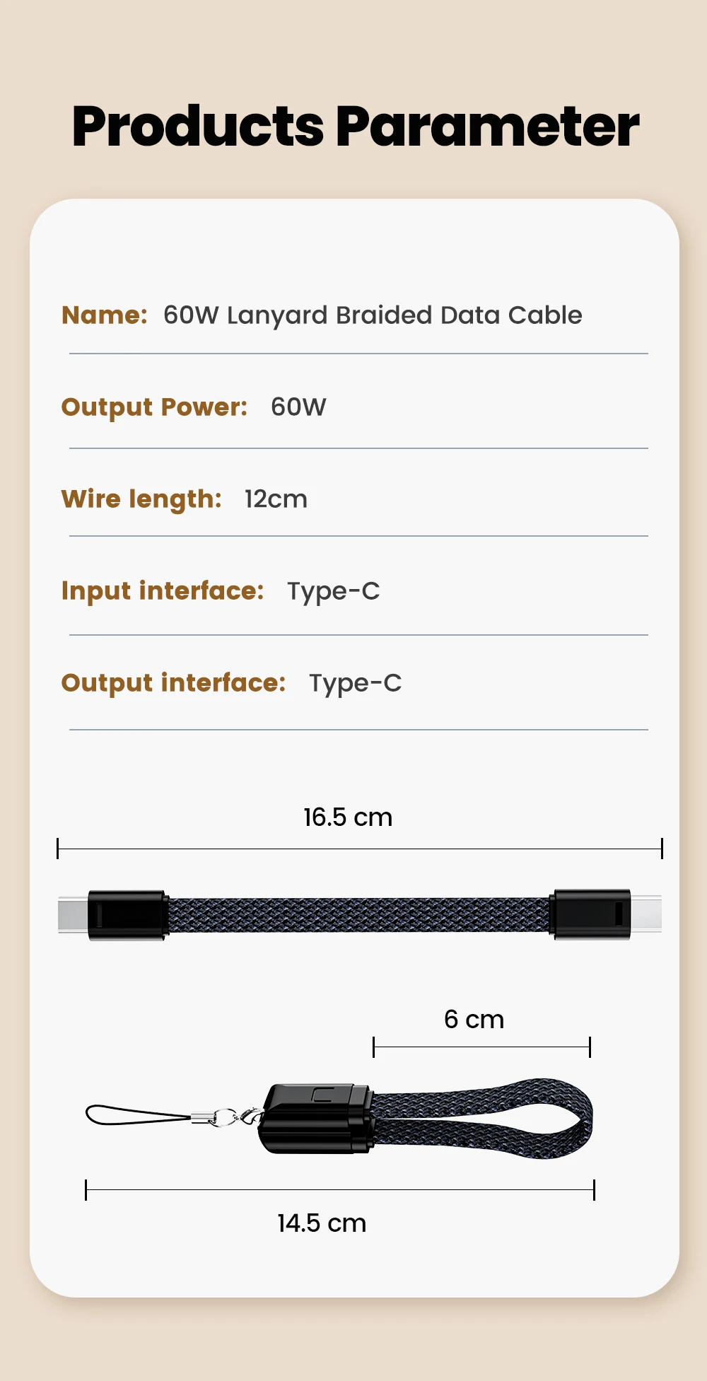 16.5cm 60W USB C To Type C Short Cable Fast Charging Braided Keychain Data Cable Phone Charge Wire For iPhone Xiaomi usb c kabel