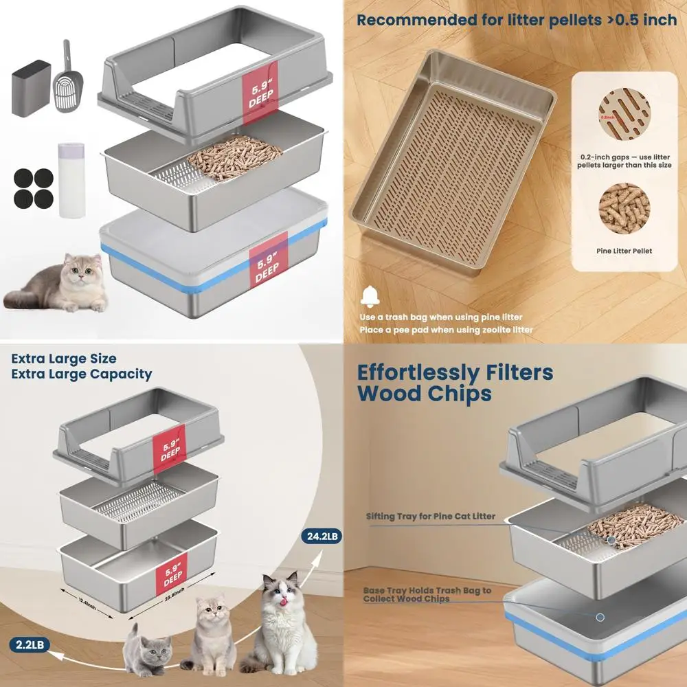 

Большой ящик для просеивания кошек из нержавеющей стали с высокими сторонами и сосновыми гранулами. Совместимость.