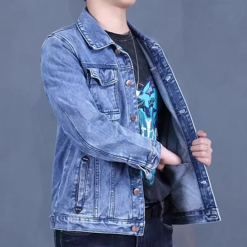 Retro American Worn-Resistant Casual Loose Men's Denim Jacket with Multiple Pockets Spring Autumn Workwear Style Cotton Coat