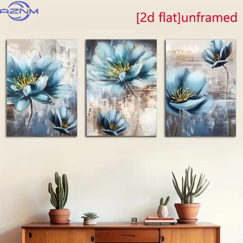 (2D FLAT) 3 pièces d'art mural sur toile sans cadre, thème floral bleu paysager moderne à l'encre, adapté à la décoration intérieure, au salon, à la chambre à coucher