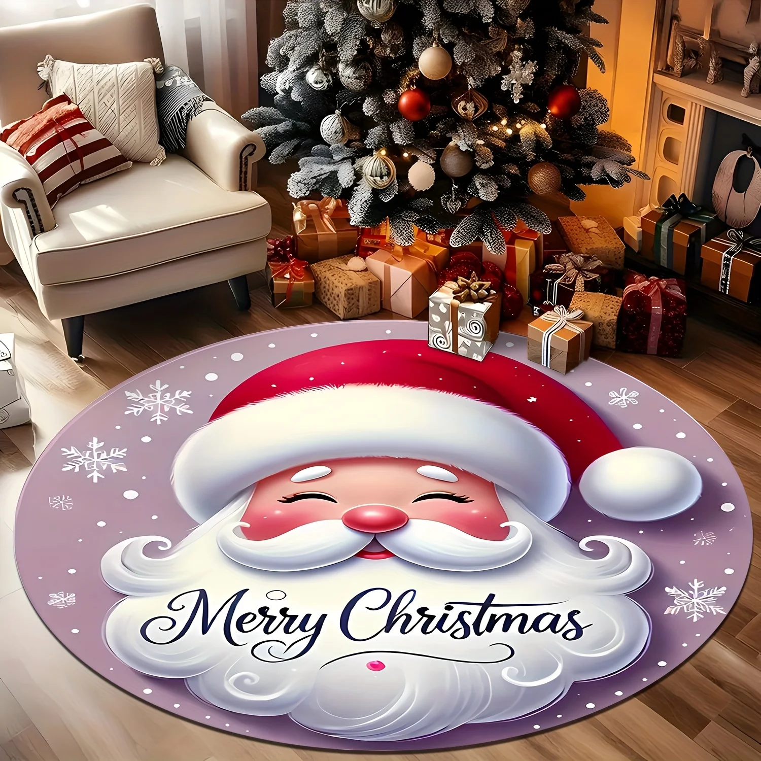 1pc Santa Claus Christmas Round Area Rug, Indoor & Outdoor Comfortable Floor Mat for Kitchen, Home, Office, Laundry Room