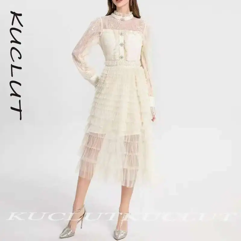 KUCLUT 2025 ใหม่แขนสั้น Floral Lace Overlay SHEER แผง MIDI ความยาว Elegant ผู้หญิงโรแมนติกผู้หญิงชุดหญิง