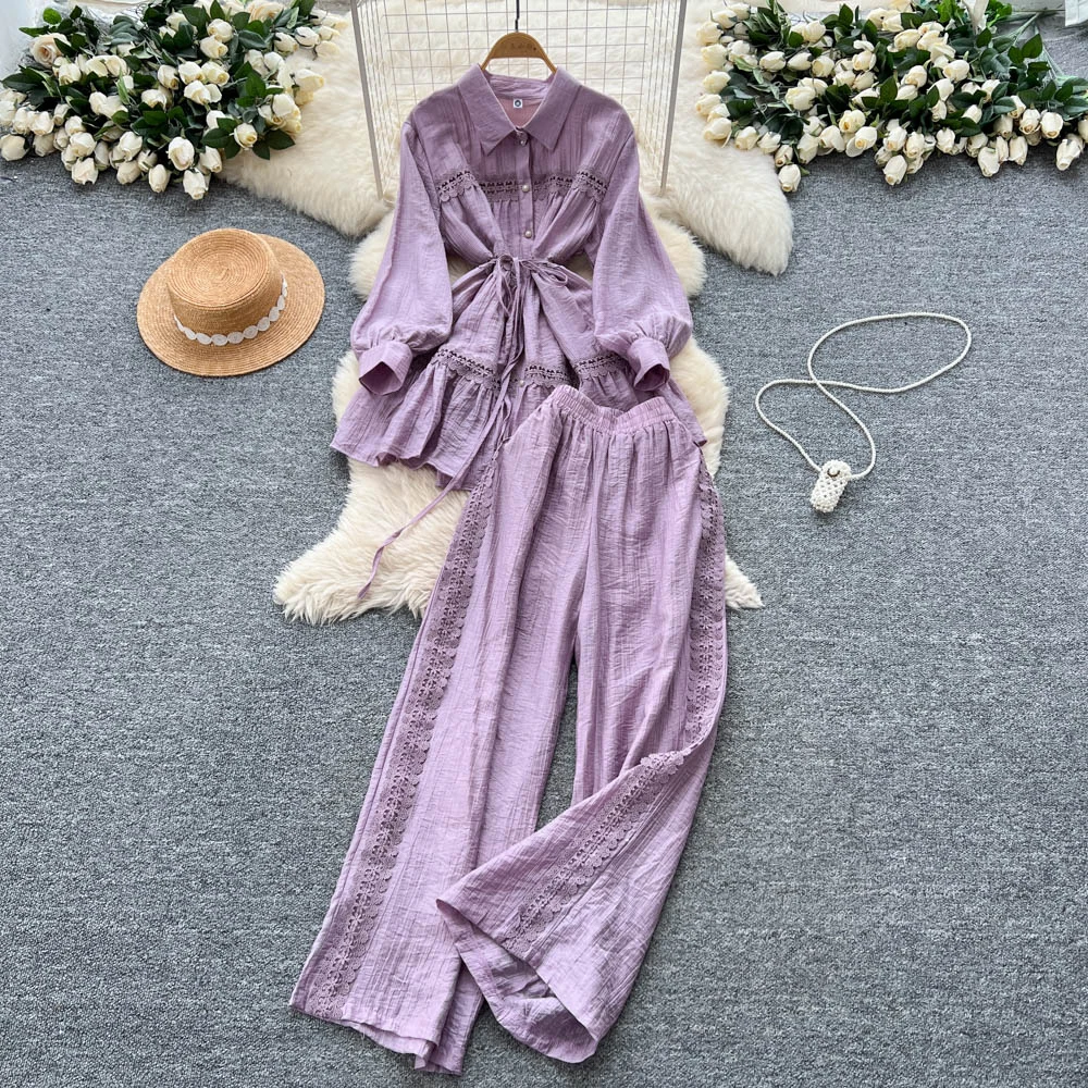 

Sexy Two Pieces Sets Chic lace Spliced Top with Fashion Hotsweet High Waist Wide autumn winter Leg Pant Sets