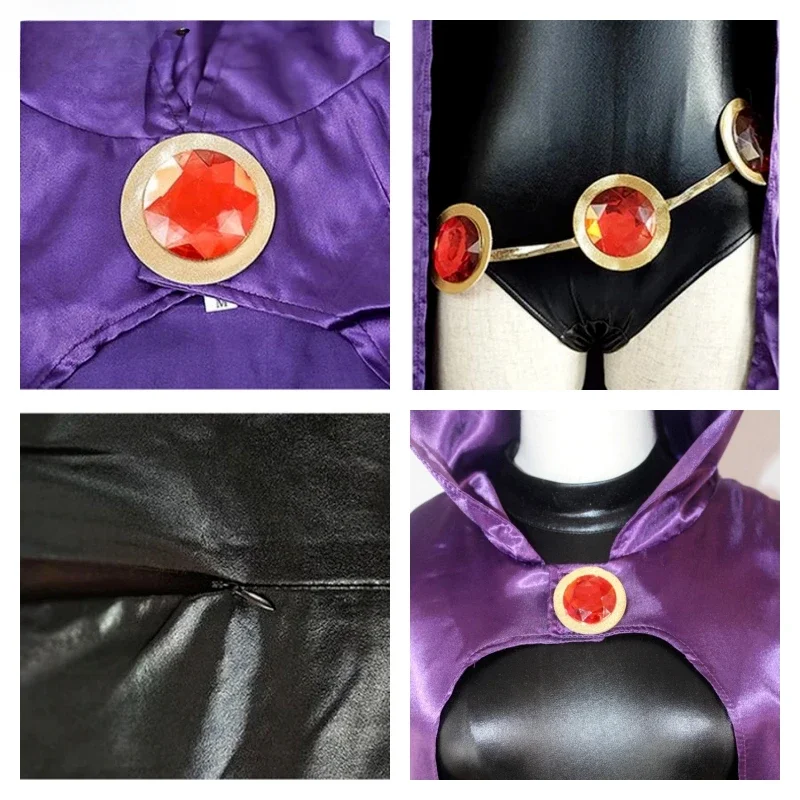 Disfraz de Cosplay de Teen Titans Raven, mono de lujo, capa, cinturón, uniforme de Halloween para mujer, XS-3XL