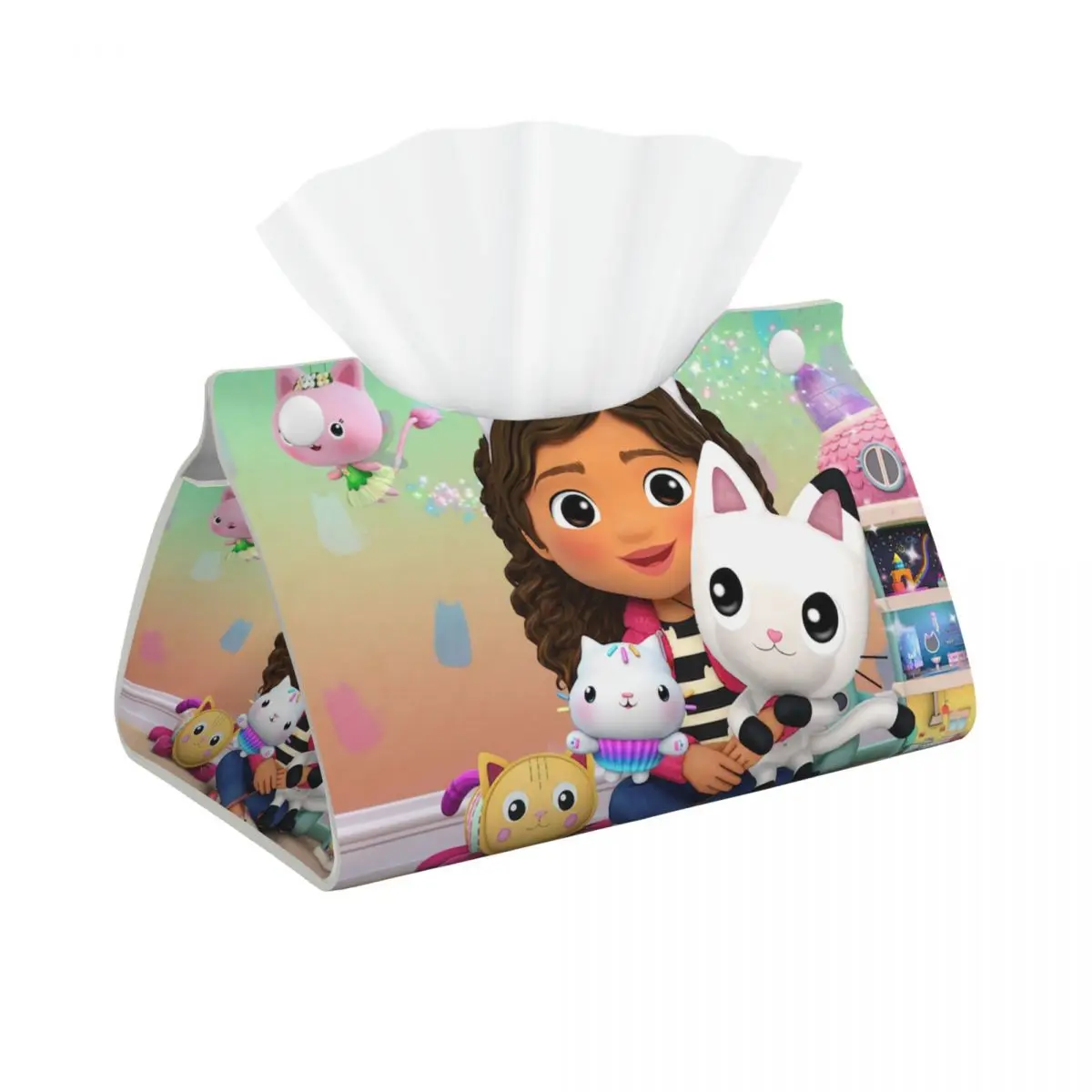 Custom Gabbys Dollhouse Tissue Box Cover Rectangular PU Leather Gabby Cat Pandy Paws Facial Tissues Holder for Home