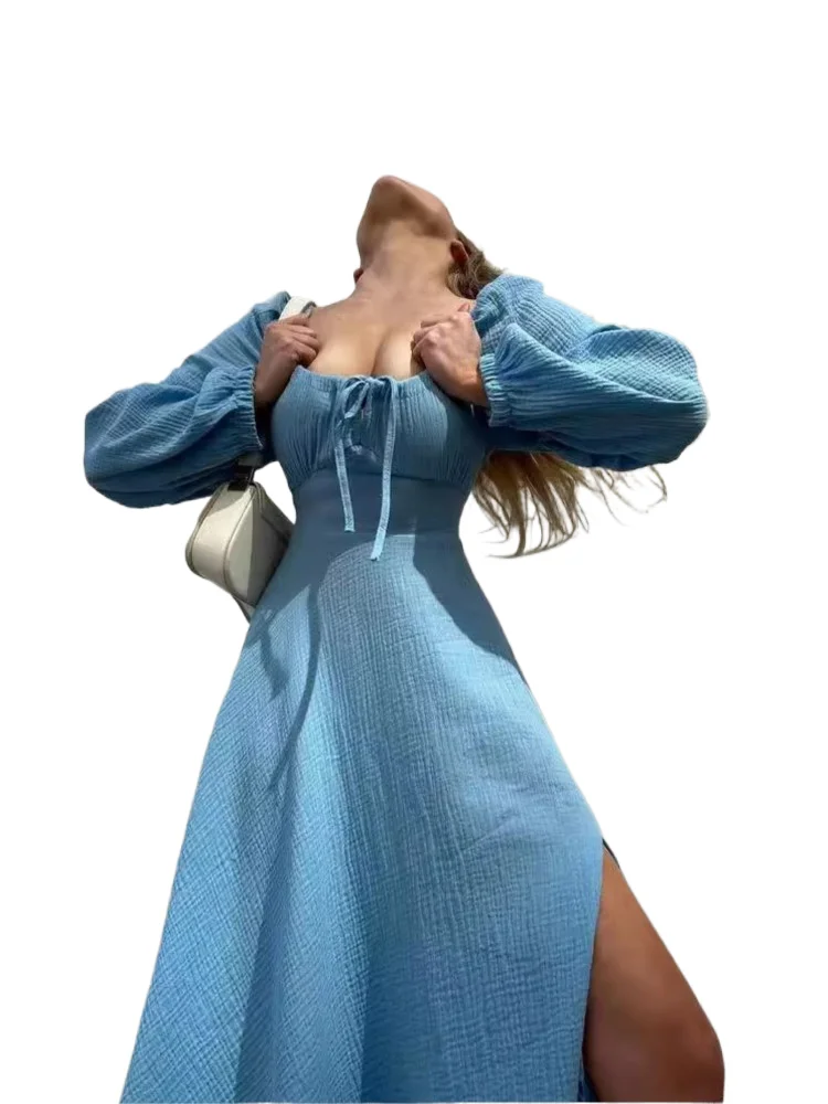 

Elegant Solid Color Slim Dresses Women Sexy Square Collar Low Cut Leace-up Long Sleeve A-line Slit Dress Female New Vestidos