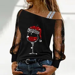 Off Shoulder Women Christmas Blouse Wine Glass Print Xmas Blouse Sequined Splice Mesh Long Sleeve Female Tops Blusa Mujer