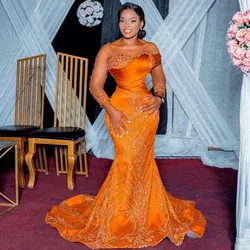 Aso Ebi Mermaid Evening Dresses Illiusion Long Sleeves Plus Size African Wedding Party Dress African Women Formal Occasion Gowns