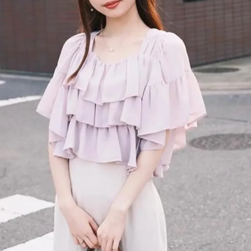 Summer New U-neck Woman Clothing Ruffles Blusas Mujer Japanese Sweet Shirts & Blouses 2025 Fashion Camisas Temperament Shirt