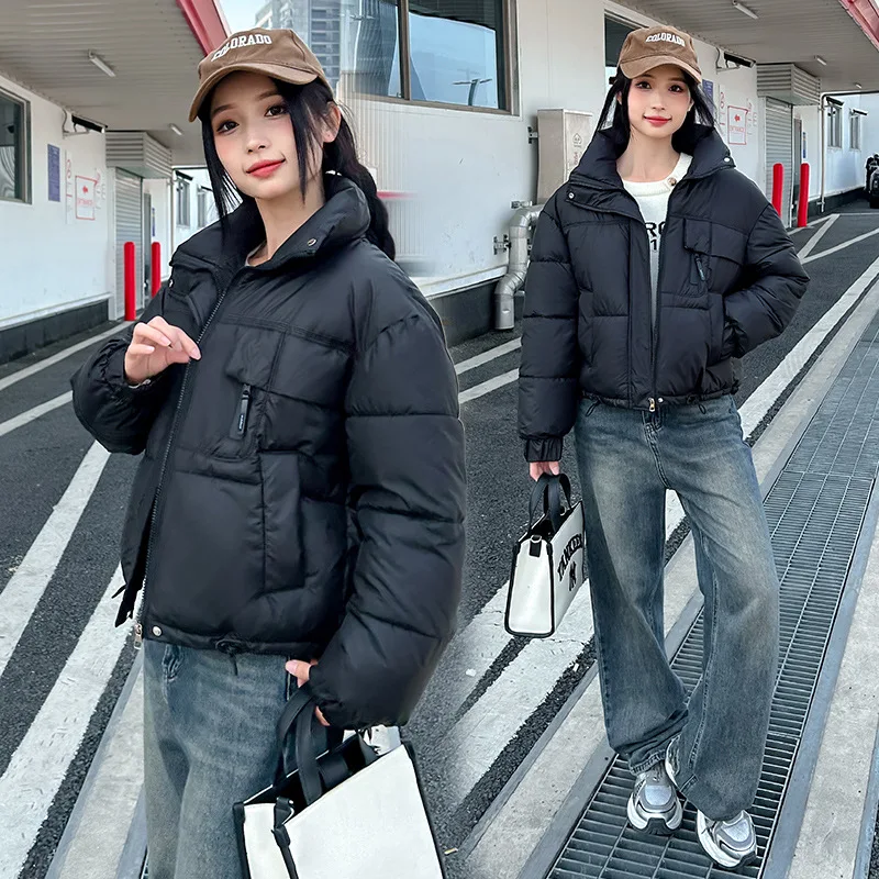 Parkas Coats Women Short Jackets Solid Zipper Pocket Long Sleeves Stand Collar Drawstring Loose Office Lady Casual 2025 Winter