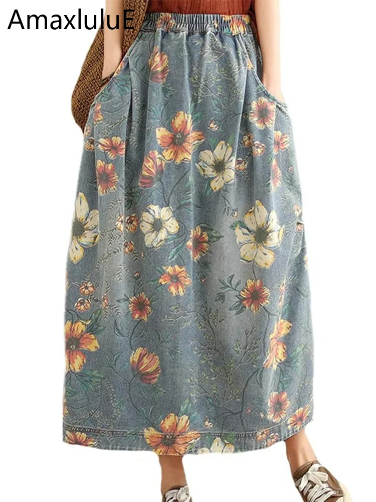 AmaxluluE 2025 moda wiosenna luźne spódniczki dżinsowe damskie drukowane kwiatowe Casual Vintage ubrania w dużych rozmiarach damskie luksusowe Streetwear