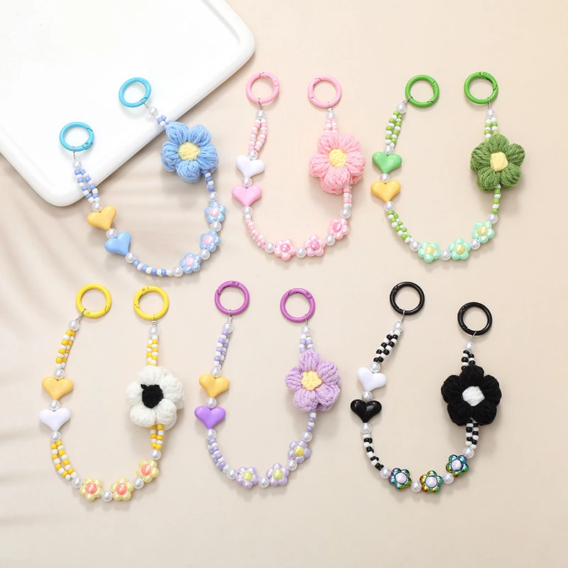 Plush Flowers Love Beaded Mobile Phone Chain Anti-Lost Lanyard Keychain Bag Water Cup Pendant Earphone Camera Chain