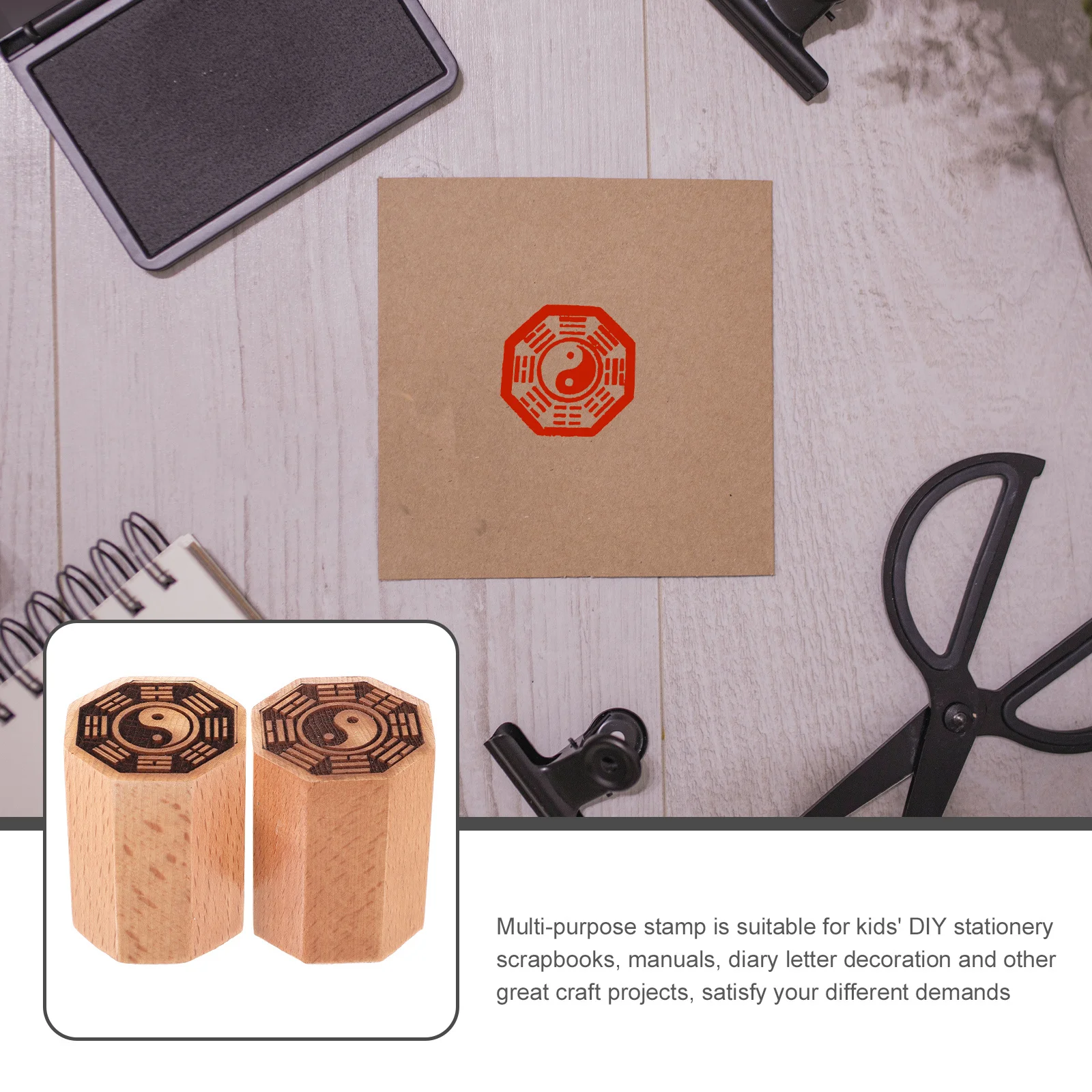 

2pcs Compact Wood Taoist Stamp For Diy Scrapbook Diary Planner Decorative Stamper Reusable Hand Stamp Desktop Artwork Carving