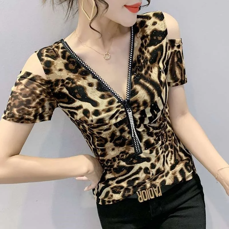 

Новая летняя художественная женская футболка V-Ne Slim Fit irt Design Sense Ni Loose pe ort Sve с леопардовым узором